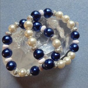 Sparkle Gum Drop Bead Bracelet Set #3 -  Royal Blue & White With Silvertone